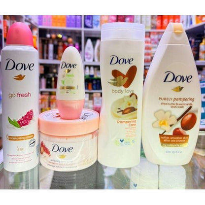 Dove 5 in 1 SELFCARE PACKAGE!!! Purely Pampering Body Wash + Pampering Lotion + Beauty finish deo spray + Pomegranate body scrub + ( FREE Roll on )