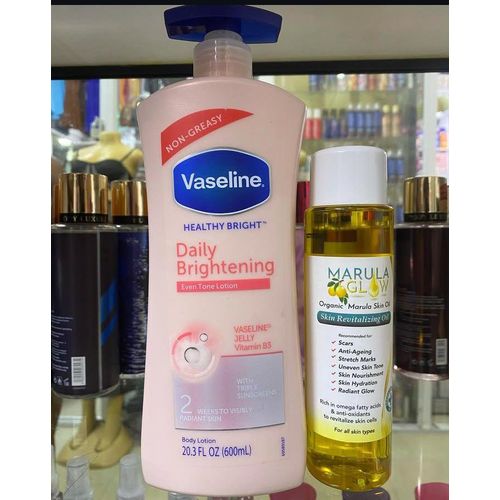 Vaseline 2 In 1 Glowing Set: Daily Brightening Eventone Lotion + Marula Glow Skin Oil