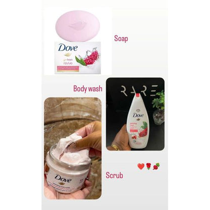 Dove 3 in 1 SHOWER SET: Pomegranate body scrub + Body wash + Beauty cream bar