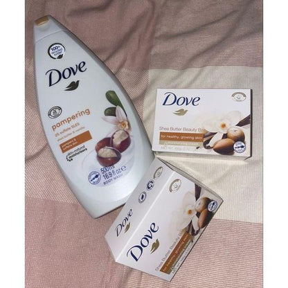 Dove 2 in 1 SHOWER SET: Pampering Shea Butter & Vanilla Body Wash + 2pcs of Purely Pampering Shea Butter Beauty Cream Bar