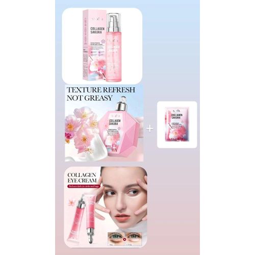 SADOER 3 In 1 SPECIAL PACKAGE: Collagen Sakura Toner + Collagen Sakura Eye Cream + Collagen Sakura Body Lotion + (FREE GIFT 2 Pcs Of Sheet Masks)