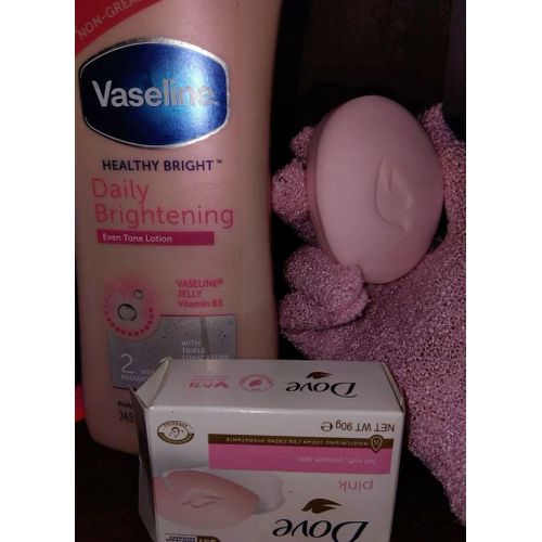 Vaseline 3 in 1 Selfcare Set: Daily Brightening Eventone Lotion + Dove Pink Soap +(Free pair of exfoliating gloves)
