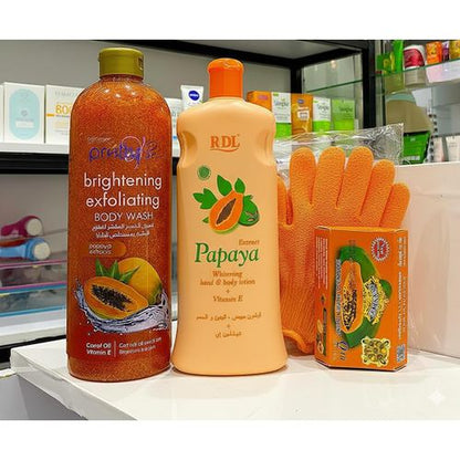4 in 1 BRIGHTENING SET: Papaya extracts Exfoliating body wash + Papaya Body Lotion + Asante Papaya & Honey Soap + (FREE Pair of exfoliating gloves)