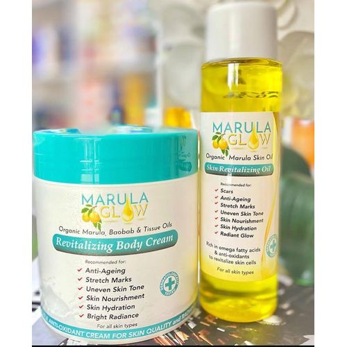 Marula 2 in 1 Glowing Body Set : Revitalizing Body Cream With Baobab & Tisuue Oils + Skin Revitalizing Oil Rich in Omega Fatty Acids and Anti-oxidants to revitalize skin cells