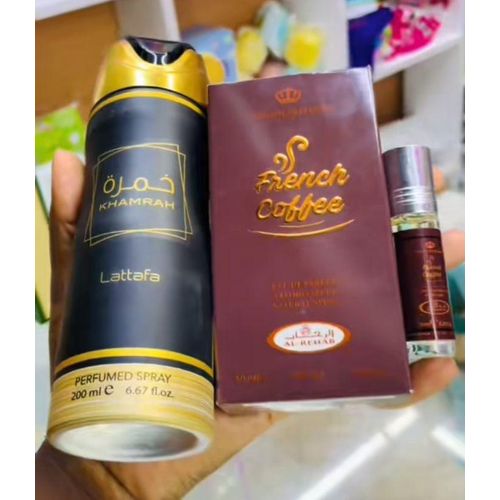Al Rehab 3 In 1 AMAZING OFFER!!! French Coffee Perfume + Oil + Khamrah Deo Spray
