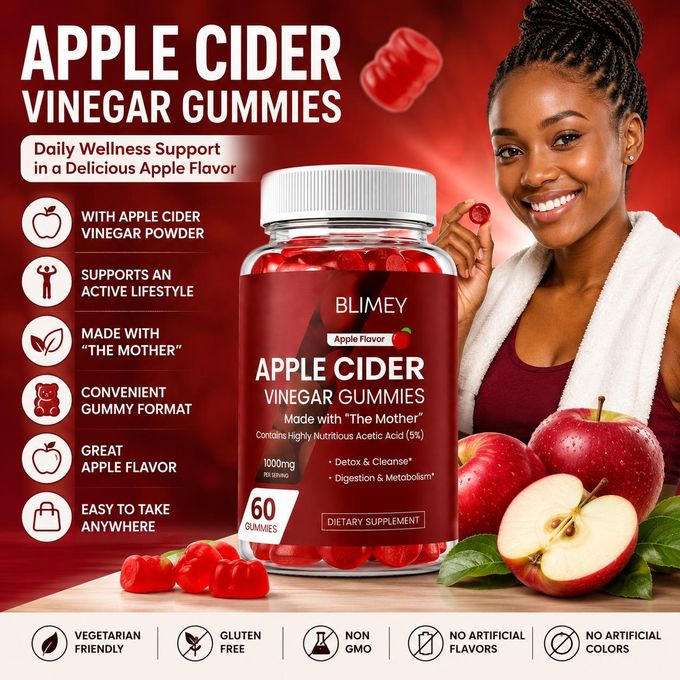 Apple Cider Vinegar Gummies 1000mg with The Mother, 60 Gummies, Apple Flavor, Vitamin C, B6, B12 & Folate, Easy-to-Chew Daily Wellness Supplement