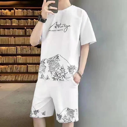 2 PCS 2 in 1 Men Clothes T-Shirts tshirts Shorts Polos Men Suits Fashion Summer Print Round Neck Short Sleeve Shorts T-Shirt Sets