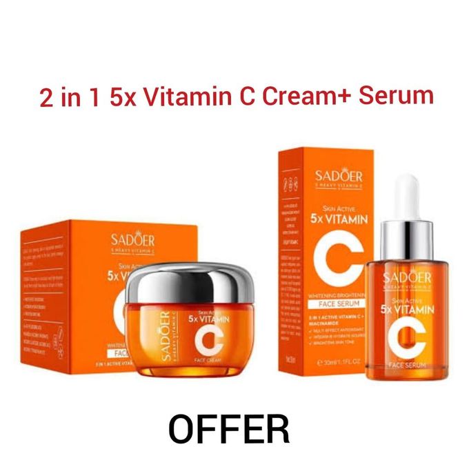 2 in 1 Skin Active 5 x Vitamin C Serum + Complementary 5x Vitamin C Cream, For Deep Hydration, Whitening Dark Spots, Moisturizing, Skin Tone...