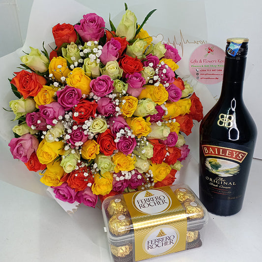 Mixed Roses Bouquet and Irish Cream Truffle Liqueurs