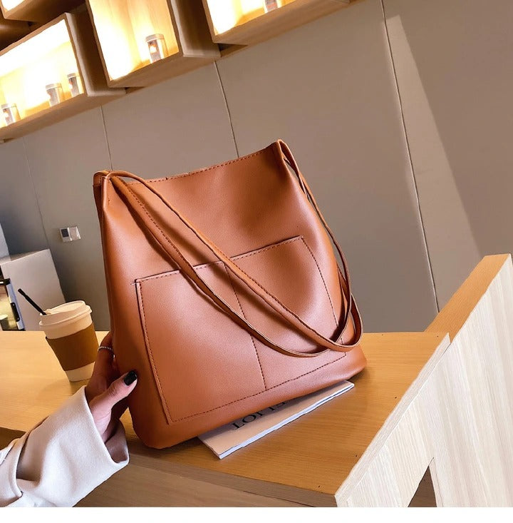 Fashion large capacity travel bag for girlfriend gift Double pockets One shoulder simple fashion solid color bucket bag Versatile handbag handbags bags large capacity PU bag
