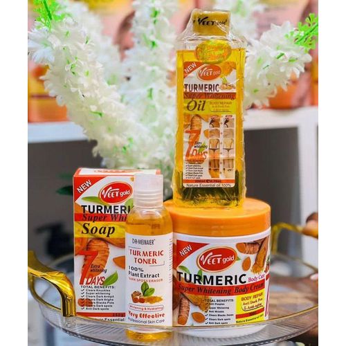 VEET GOLD 4 in 1 Tumeric Set: Tumeric Super Whitening Soap + Tumeric Toner + Tumeric Super Whitening Body oil +Tumeric Super Whitening Body Cream