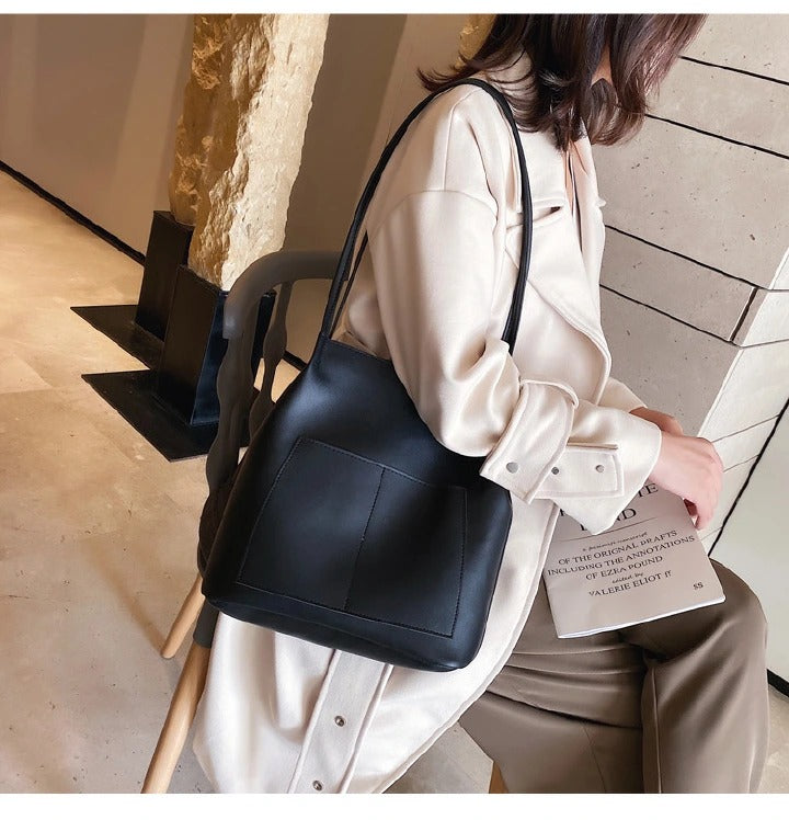 Fashion large capacity travel bag for girlfriend gift Double pockets One shoulder simple fashion solid color bucket bag Versatile handbag handbags bags large capacity PU bag