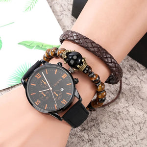 3PCS Fashion Classic Mens Black Watches Set Men Business Quartz Watch Male Calendar Wristwatch Leather Bracelet