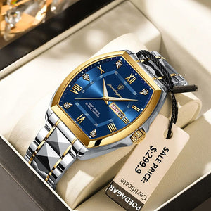 POEDAGAR Luxury Stainless Steel Watches for Man Luminous Waterproof Date Week Men Watch Tonneau Case Men's Quartz Watches