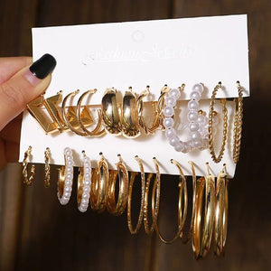 12 Pairs Of Suit Silver-color Alloy Earrings Square Geometric Earrings Vintage Fake-pearl Earrings Hepburn Style Earrings Set
