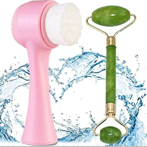 Private Label Facial Massager Brush Silicone Double-Sided Face Cleansing Brush With Jade Roller Skin Care Vibration Facial Massage Set