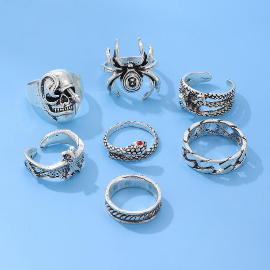 7Pcs/Set Trendy Hip-hop Rings Set for Men women Retro Vintage Spider Snake Bat Skull Ring Fashion Punk Boy Girl Birthday Jewelry Gifts