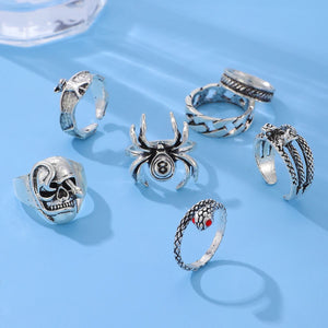 7Pcs/Set Trendy Hip-hop Rings Set for Men women Retro Vintage Spider Snake Bat Skull Ring Fashion Punk Boy Girl Birthday Jewelry Gifts