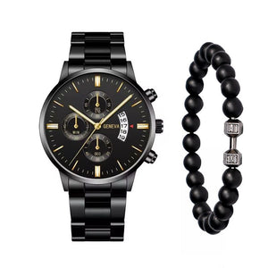 2PCS Men'sFashion Classic Mens Watches Versatile Trend Business Calendar Belt Quartz Watch Alloy Bracelet