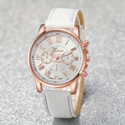6PCS Fashion Women's Quartz Watch Leather Band Analog Wrist Watches Heart Rhinestone Jewelry Set