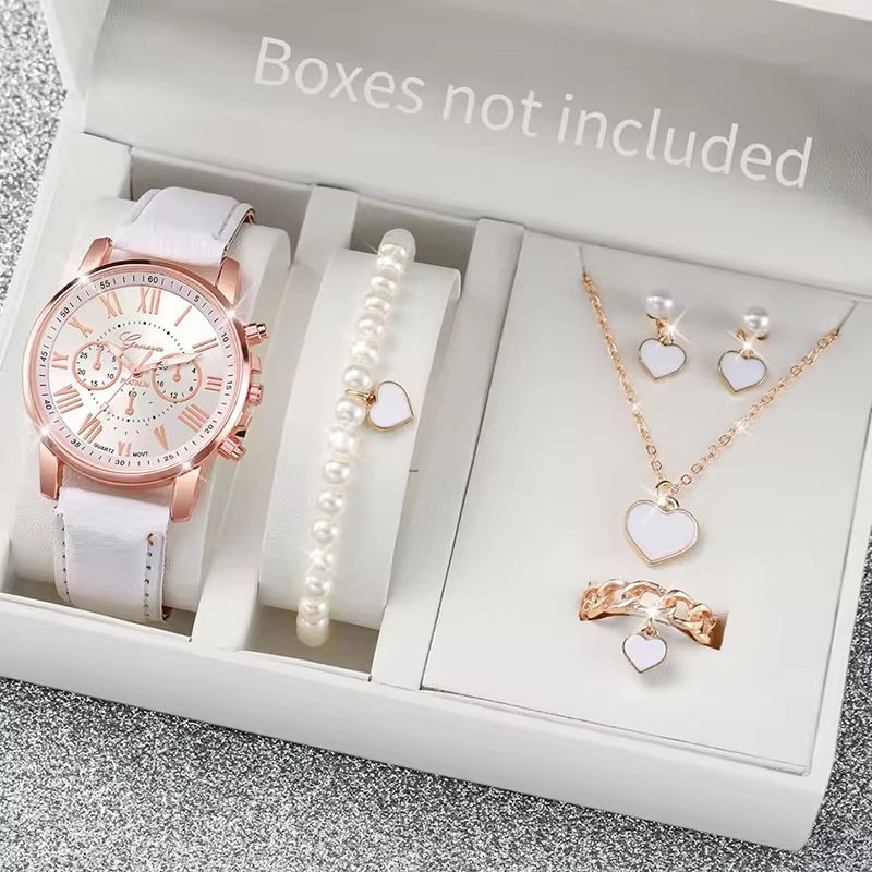 6PCS Fashion Women's Quartz Watch Leather Band Analog Wrist Watches Heart Rhinestone Jewelry Set