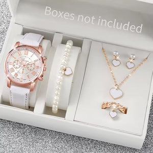 6PCS Fashion Women's Quartz Watch Leather Band Analog Wrist Watches Heart Rhinestone Jewelry Set