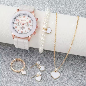 6PCS/Set Women's Watches Casual Silicone Band Analog Quartz Watch Heart Pearls Jewelry Set