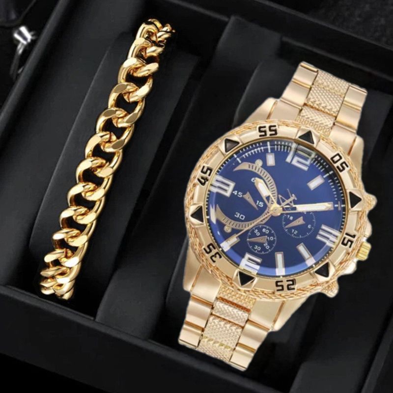2-Piece Stainless Steel Strap Large Dial Men's Fashion Quartz Watch Bracelet Gift Chain Silver