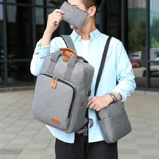 3 PCS/Sets Backpacks Bags Men Bags Bookbags School Bags USB Laptop Bags Notebook Bags Travel Bag Anti-Theft Leisure Nylon Cloth Bags