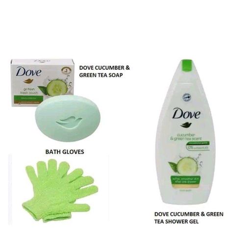 Dove 3 In 1 SHOWER SET : Shower Gel + Beauty Cream Bar +(FREE GIFT A Pair Of Exfoliating Gloves)