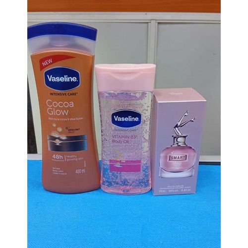 Vaseline SPECIAL OFFER!!!!! Intensive Care With Pure Cocoa Butter and Shea Butter Lotion+ Vitamin B3 Body Oil + Smart Collection Perfume.