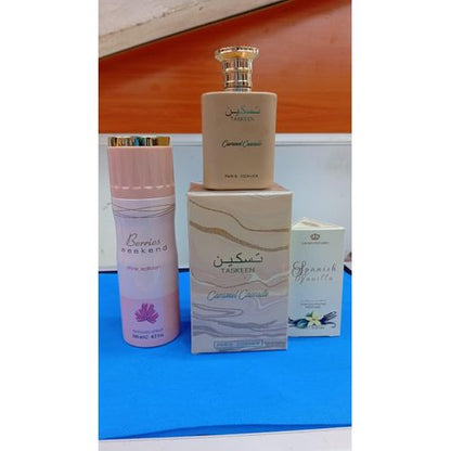 Paris Corner 3 in 1 SPECIAL OFFER!!!! Taskeen Caramel Cascade + Berries Weekend Pink Edition Perfumed Spray + ( FREE Spanish Vanilla Perfume Oil)