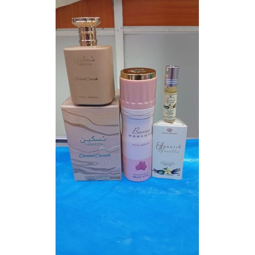 Paris Corner 3 in 1 SPECIAL OFFER!!!! Taskeen Caramel Cascade + Berries Weekend Pink Edition Perfumed Spray + ( FREE Spanish Vanilla Perfume Oil)