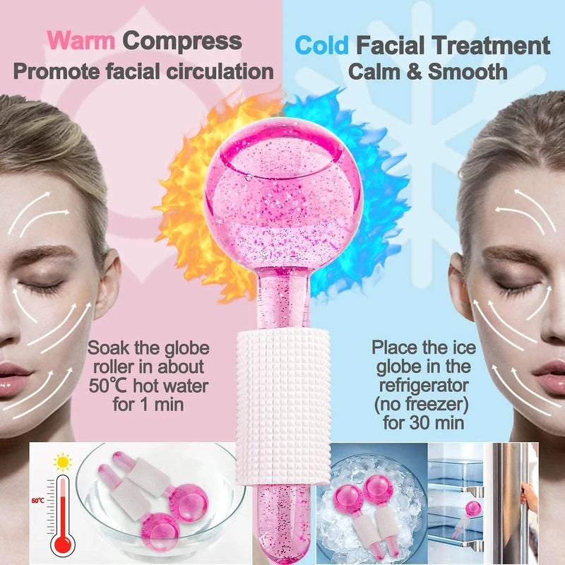 Globule roller with pink ice ball for facial treatment, showing usage instructions on a pink and blue background.