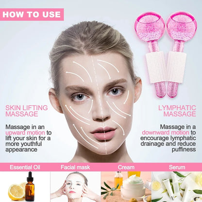 Instructions on how to use facial massage tools with a woman's face diagrammed for skin lifting and lymphatic massage.