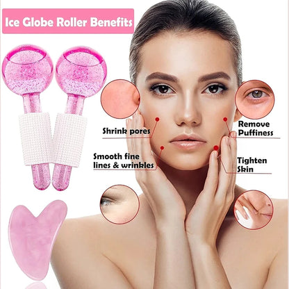 Ice Globe Roller Benefits with a woman touching her face and text indicating benefits.