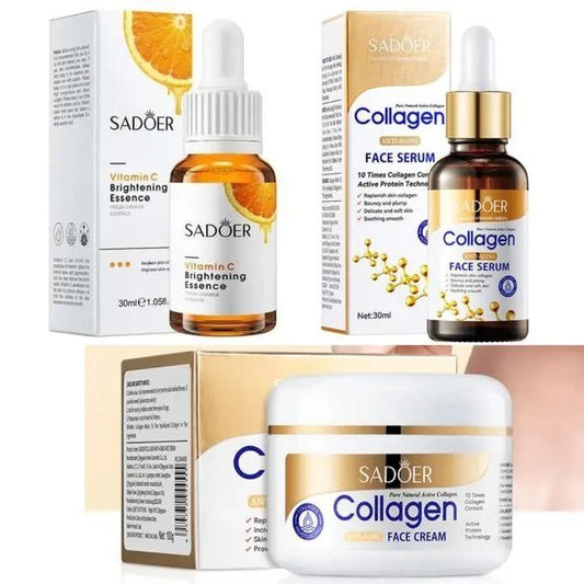 3 In 1,SADOER Collagen Anti Aging Cream + Vitamin C Face Brightening Essence + Collagen Anti Aging Face Serum
