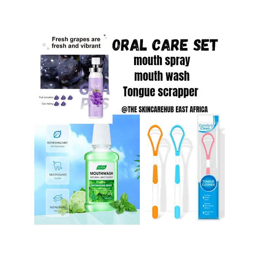 3 ORAL CARE ESSENTIALS/Tongue scraper ,mouth wash & mouth spray