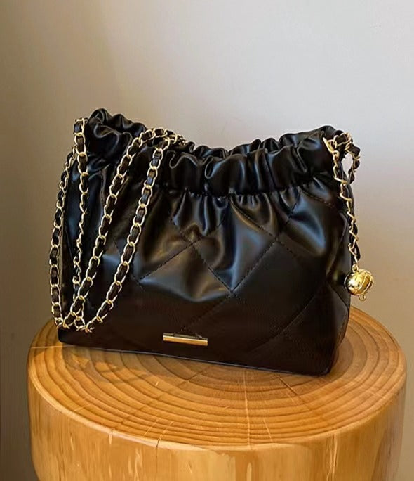 New Soft Leather Large Capacity Fashion Pleated Bag Chain Bag Single Shoulder Bag Crossbody Bag Handbag Casual Bag Drawstring Gift for Girlfriend