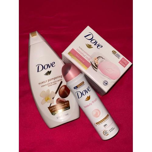 Dove 3 in 1 SELFCARE SET: Purely Pampering Body Wash + Beauty Finish Deo Spray + Coconut Milk Beauty Cream Bar