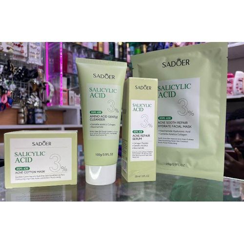 SADOER 3 in 1 Skincare Set for Acne Prone Skin : Salicylic Acid Acne Cotton Mask + Amino Acid Gentle Cleanser + Acne Repair Serum + ( free acne sooth repair hydrate facial mask)