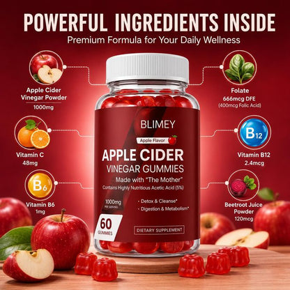 Apple Cider Vinegar Gummies 1000mg with The Mother, 60 Gummies, Apple Flavor, Vitamin C, B6, B12 & Folate, Easy-to-Chew Daily Wellness Supplement