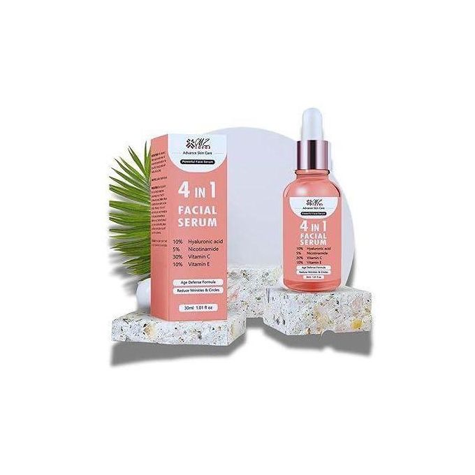 4 In 1 Facial Serum, 10% Hyaluronic Acid, 5% Niacinamide, 30% Vitamin C, 10% Vitamin E.