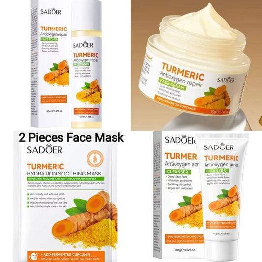 5 In 1 Set, Turmeric Toner + 2 Face Mask + Turmeric Cream + Tumeric Cleanser Helps In Oil Control, Soothing, Lighten Acne Dark Marks, Prevent...