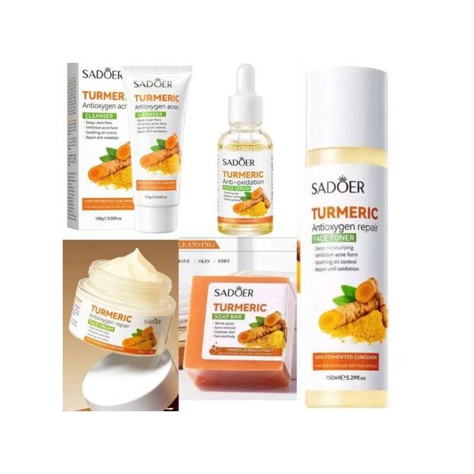 5 PCS Turmeric Set, Tumeric Cleanser + Face Serum +Face Toner + Face Cream + Tumeric Soap,