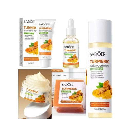 5 PCS Turmeric Set, Tumeric Cleanser + Face Serum +Face Toner + Face Cream + Tumeric Soap,