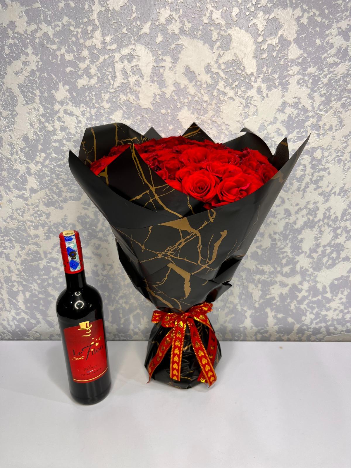 50 Roses Bouquet with Red Wine