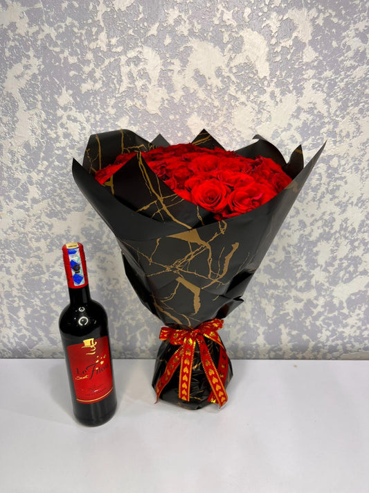 50 Roses Bouquet with Red Wine