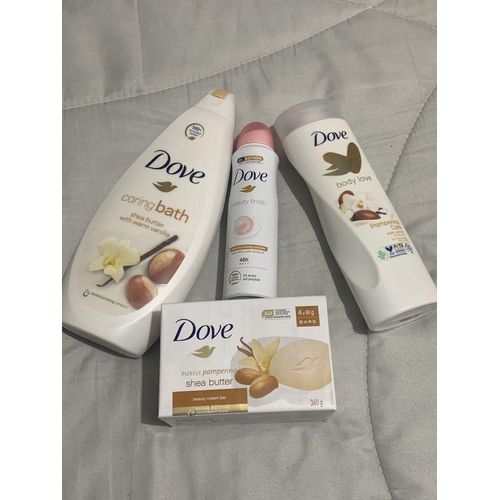 Dove 4 in 1 SELFCARE SET: Purely pampering body wash + Pampering lotion + Beauty finish deo spray + (FREE pampering soap)