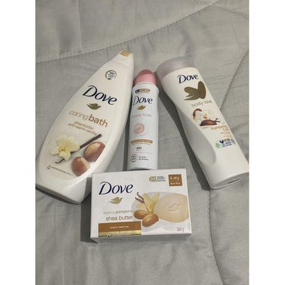 Dove 4 in 1 SELFCARE SET: Purely pampering body wash + Pampering lotion + Beauty finish deo spray + (FREE pampering soap)